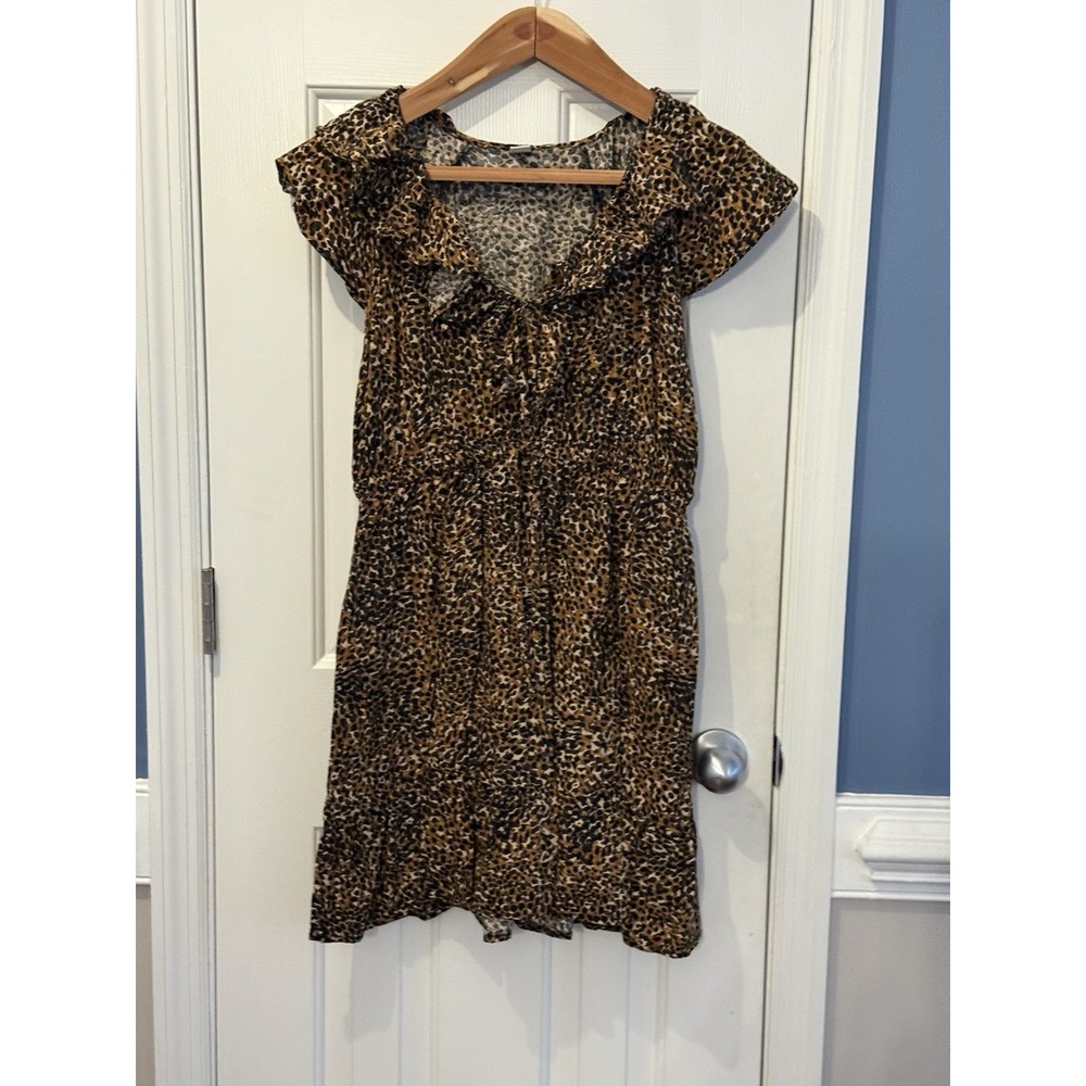 Old Navy Mini Dress W Medium Brown Leopard Ruffle Pockets Boho Party Classic